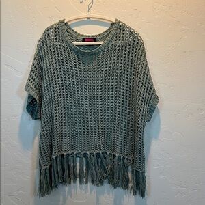 Rising Star Olive Green Open-Knit Fringe Poncho Sweater